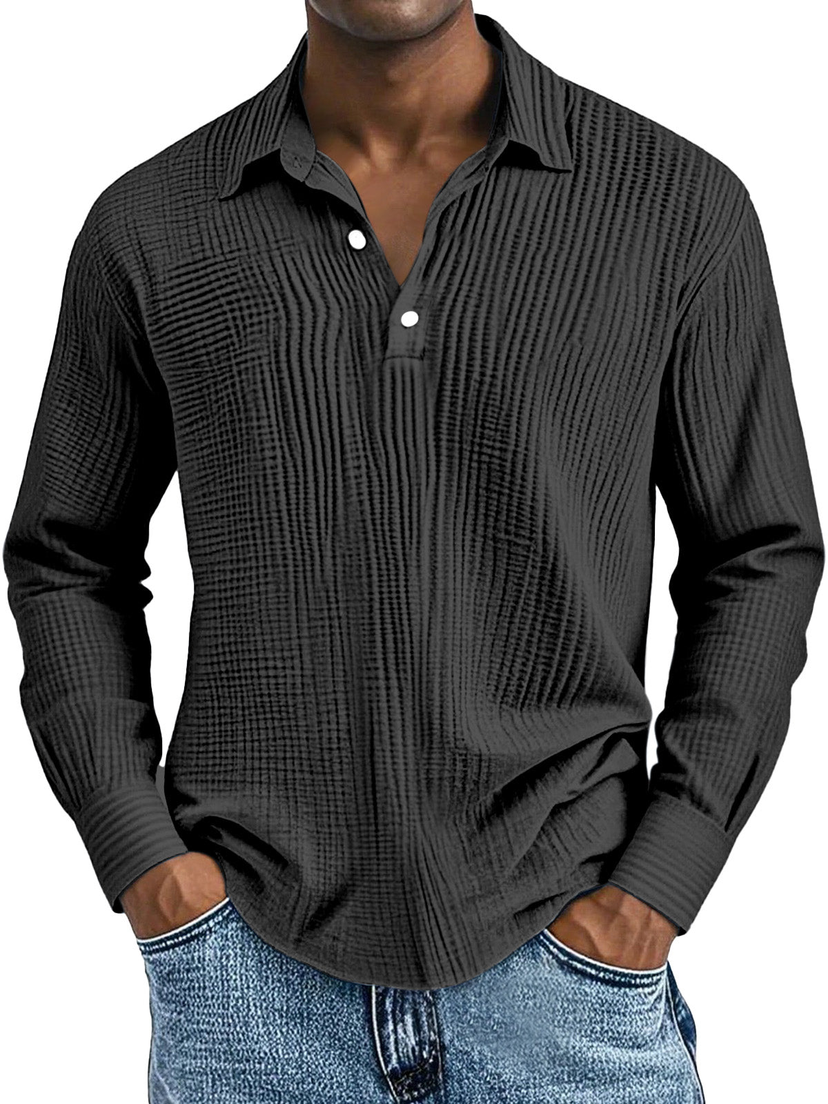 Men's Simple Solid Color Breathable Pleated Lapel Long-sleeved Polo Shirt