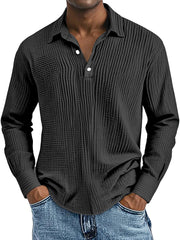 Men's Simple Solid Color Breathable Pleated Lapel Long-sleeved Polo Shirt
