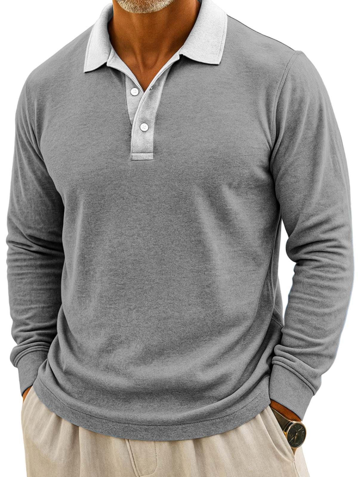 Men's Simple Casual Color Block Design Button Long Sleeve Polo Shirt