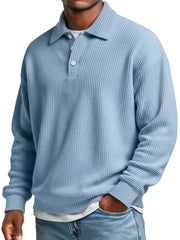 Men's Waffle Simple Lapel Button Casual Loose Polo Shirt