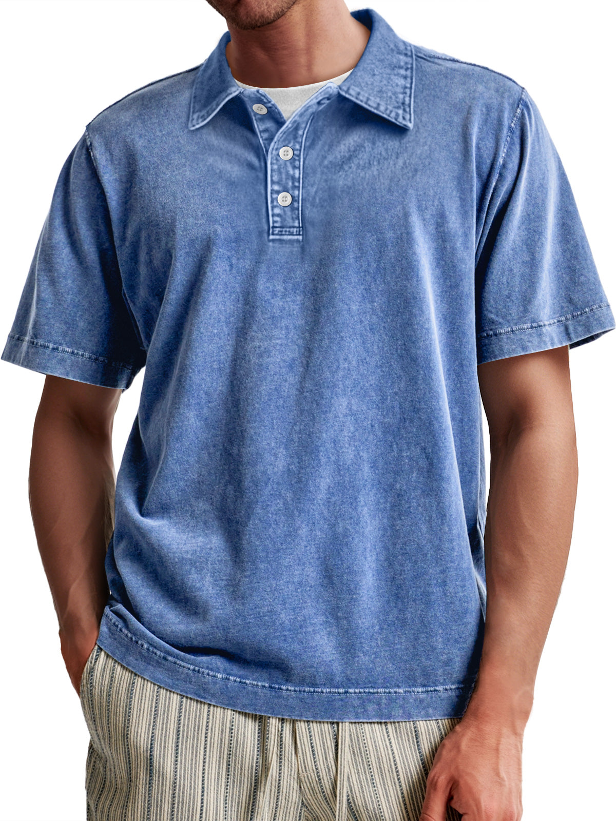 Men's Vintage Washed 100% Cotton Casual Lapel Button Short Sleeve POLO Shirt