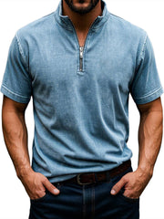 Men's Retro Stand Collar Zipper Casual Solid Color Short Sleeve T-Shirt