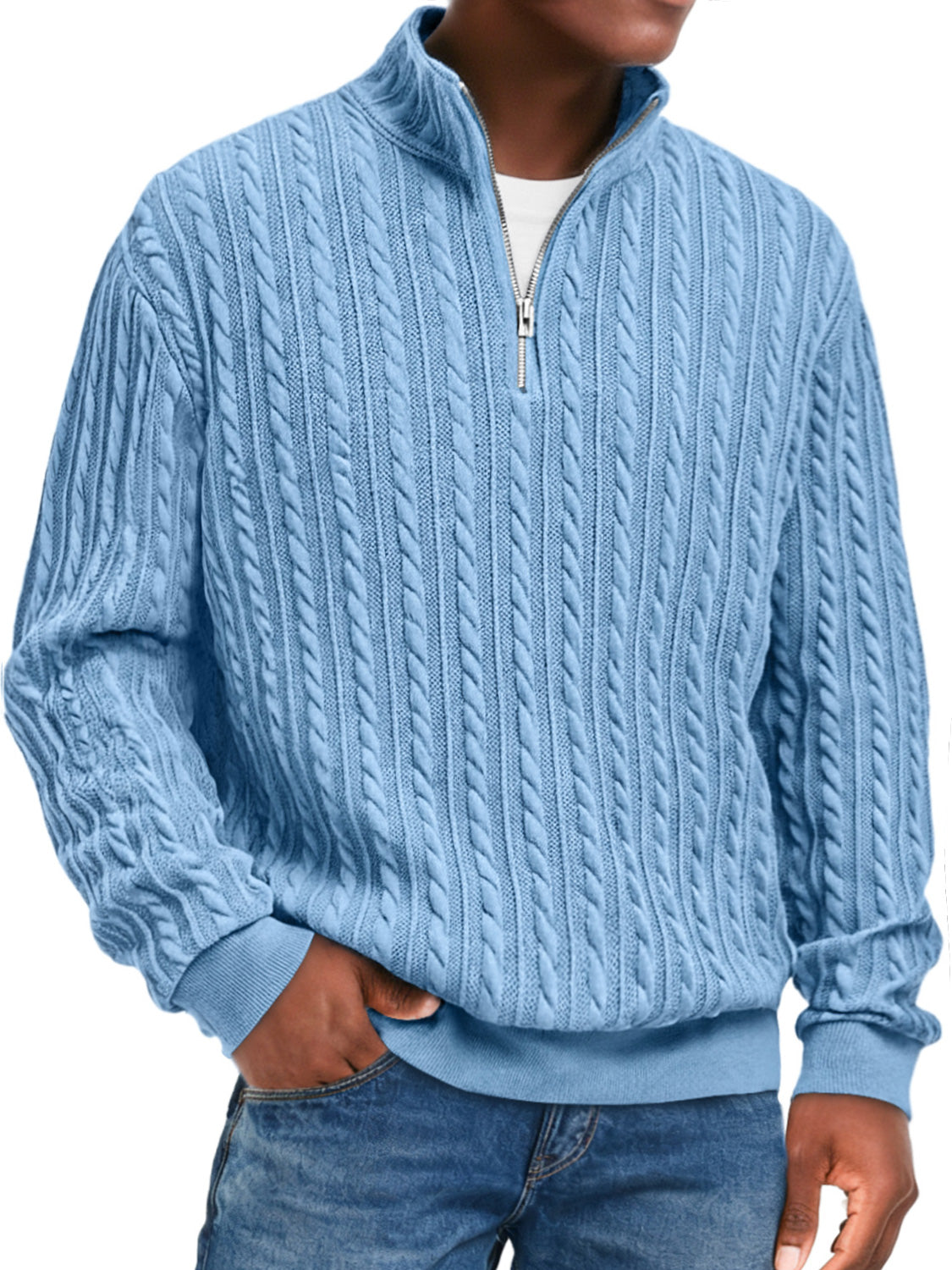 Men's Fashion Textured Stand Collar Zipper Casual Long Sleeve T-shirt