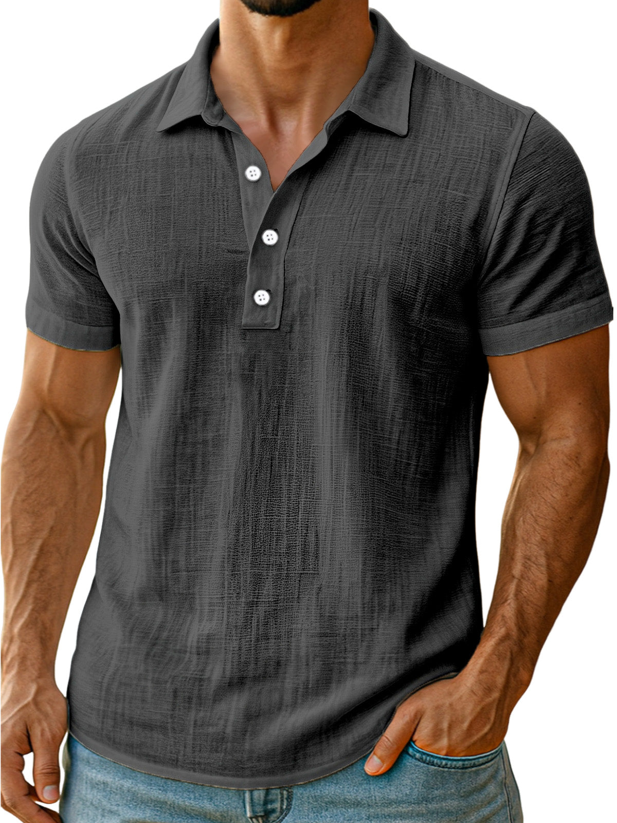 Men's daily simple and comfortable solid color linen short-sleeved POLO shirt