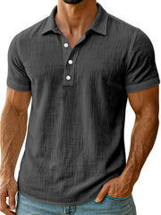Men's daily simple and comfortable solid color linen short-sleeved POLO shirt