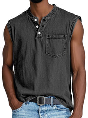 Men's Casual Retro Solid Color Simple Pocket Sleeveless Henley Shirt