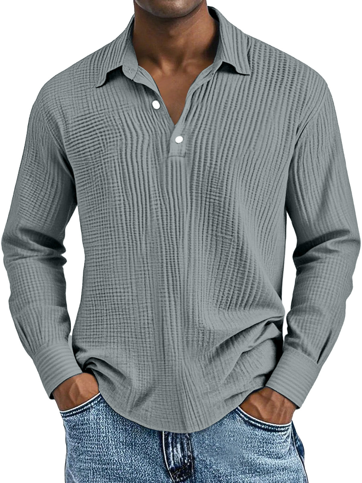 Men's Simple Solid Color Breathable Pleated Lapel Long-sleeved Polo Shirt