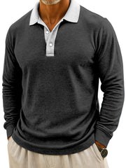 Men's Simple Casual Color Block Design Button Long Sleeve Polo Shirt