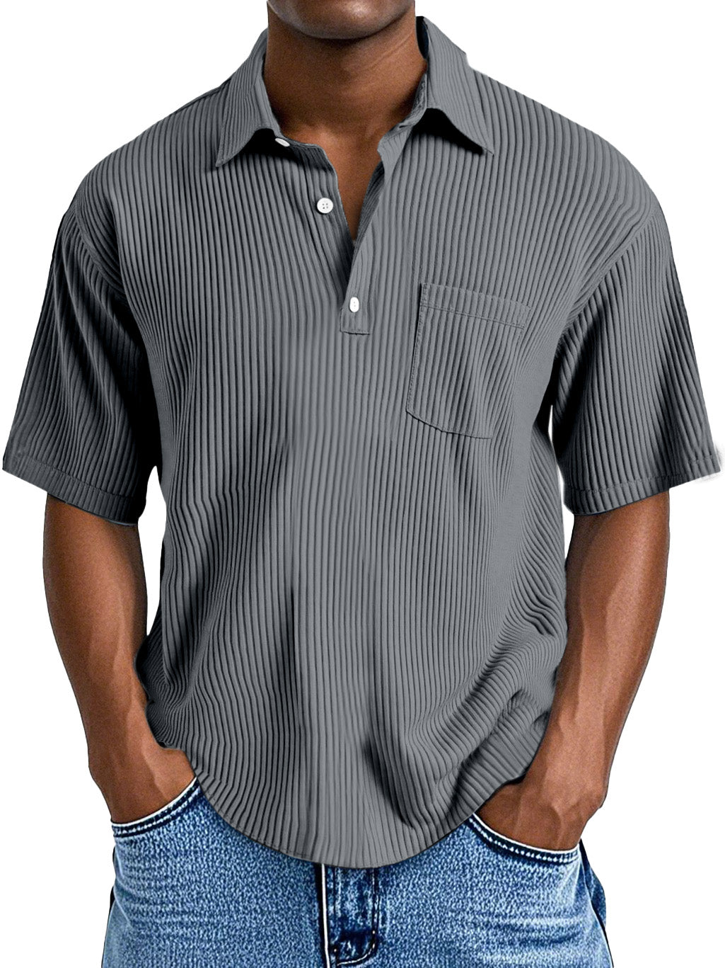 Men's Casual Solid Color Vertical Pit Short-sleeved Button Polo Shirt