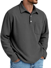 Men's Simple Daily Pitted Textured Lapel Long-sleeved Polo Shirt