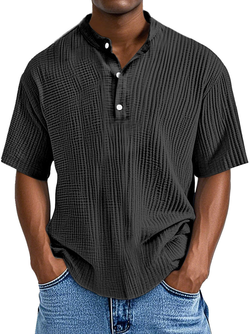 Men's Casual Solid Color Pleated Textured Short-sleeved Henley Shirt