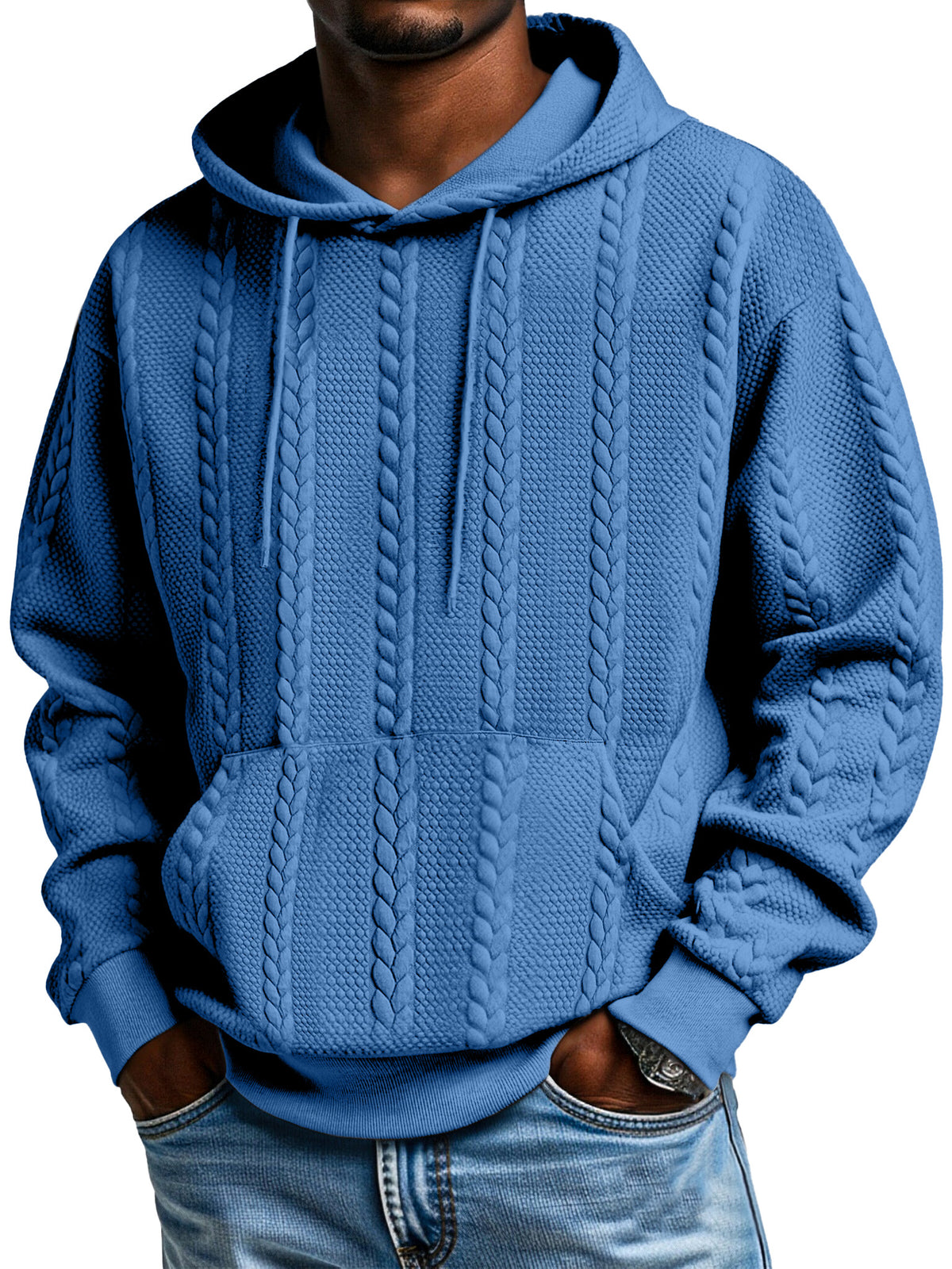 Men's Solid Color Jacquard Texture Kangaroo Pocket Long Sleeve Hooded Sweatshirt