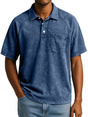 Men's Retro Casual Raglan Short Sleeve Lapel Button Up Polo Shirt