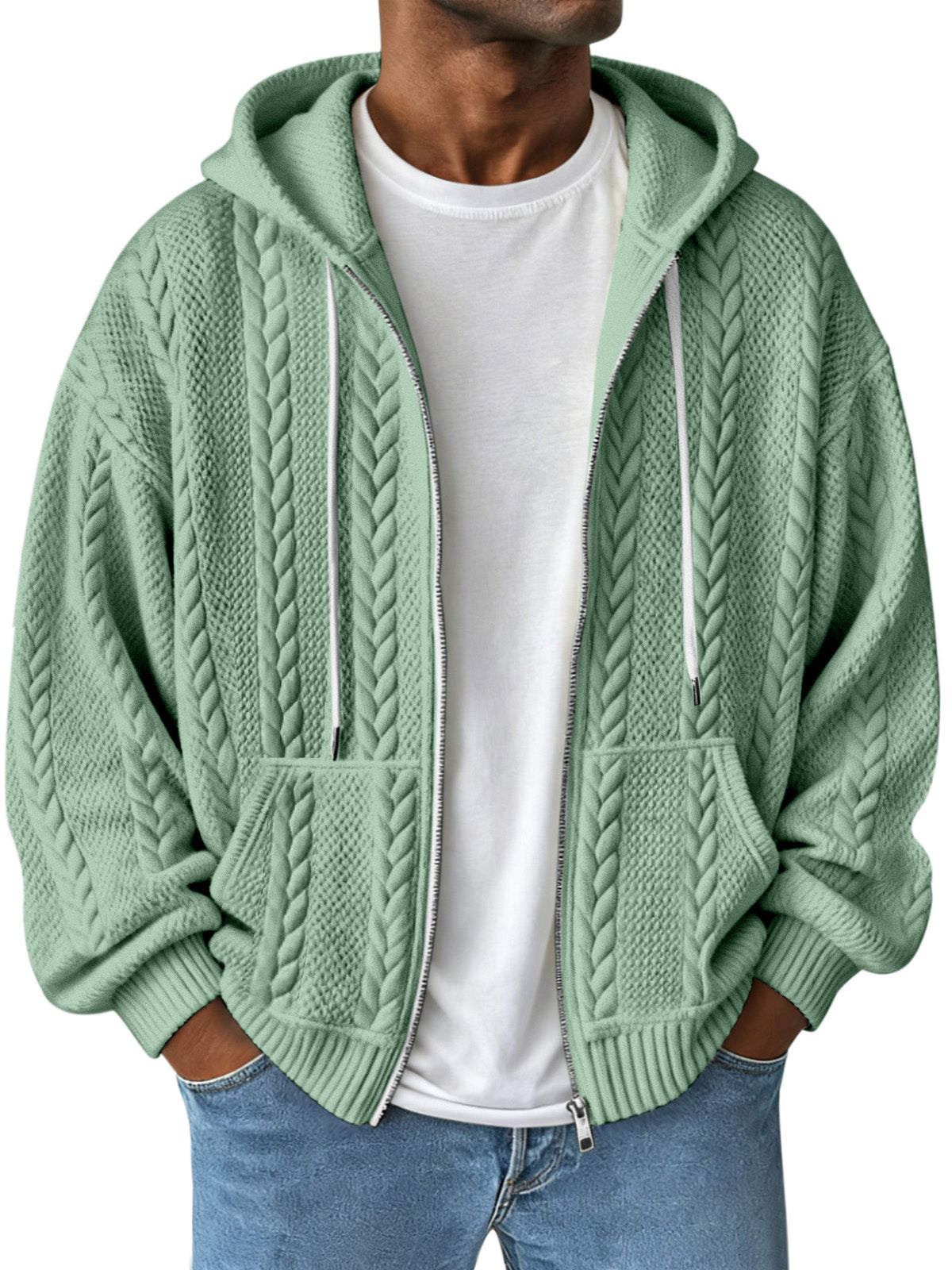 Simple Solid Color Jacquard Hooded Long-sleeved Zipper Jacket