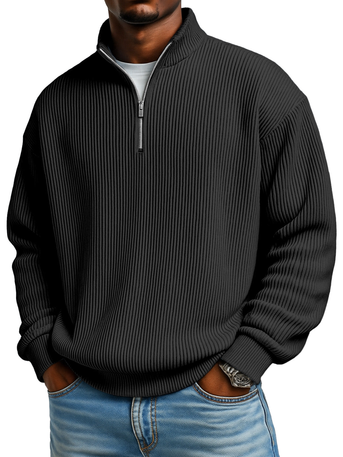 Men's Solid Color Vertical Pit Texture Stand Collar Zipper Long Sleeve Sweater