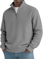 Men's Simple Loose Waffle Quarter-Zip Long Sleeve POLO Shirt
