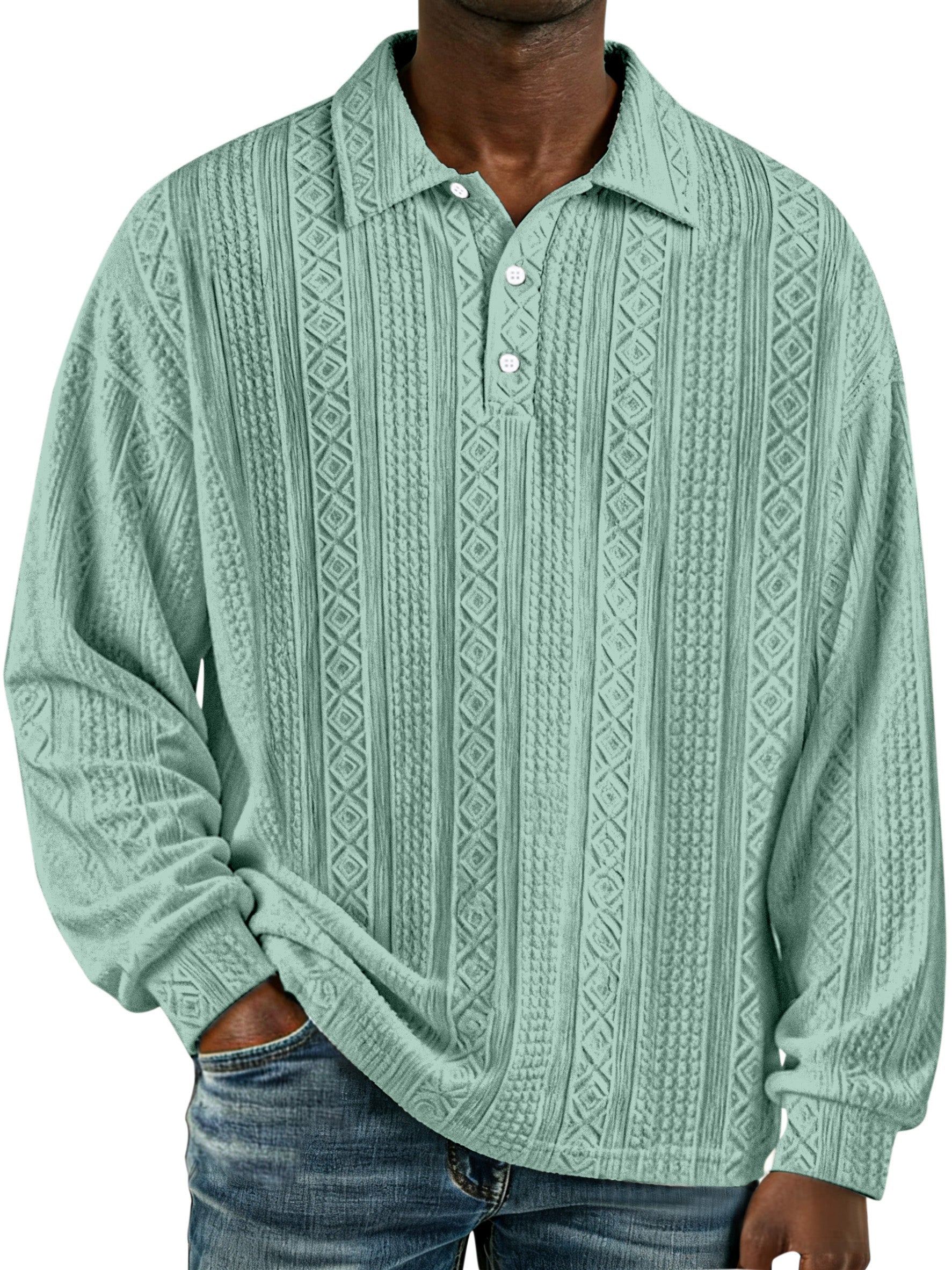 Men's Simple Retro Solid Color Textured Lapel Button Long-sleeved Polo Shirt