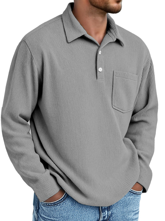Men's Simple Daily Pitted Textured Lapel Long-sleeved Polo Shirt
