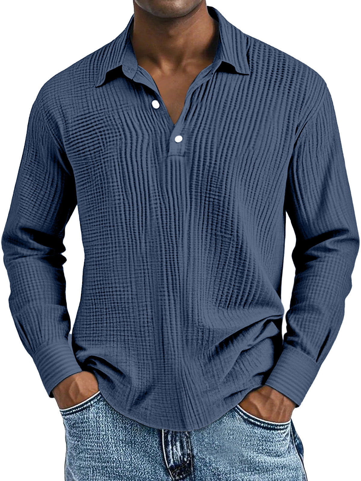 Men's Simple Solid Color Breathable Pleated Lapel Long-sleeved Polo Shirt