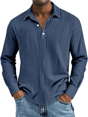 Men's Simple Solid Color Breathable Pleated Lapel Long-sleeved Polo Shirt