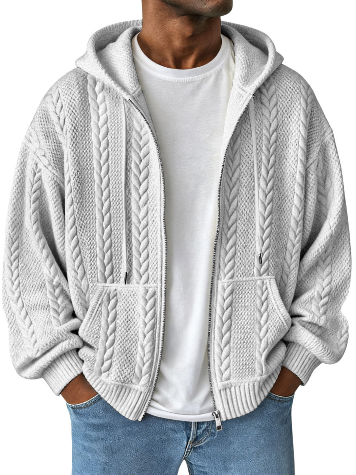 Simple Solid Color Jacquard Hooded Long-sleeved Zipper Jacket