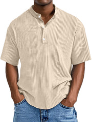 Men's Casual Solid Color Pleated Textured Short-sleeved Henley Shirt
