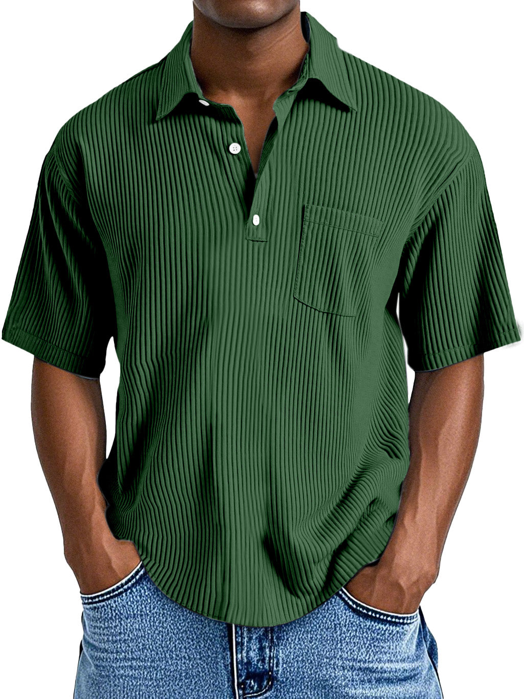 Men's Casual Solid Color Vertical Pit Short-sleeved Button Polo Shirt