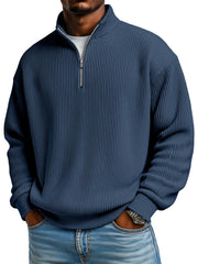 Men's Solid Color Vertical Pit Texture Stand Collar Zipper Long Sleeve Sweater