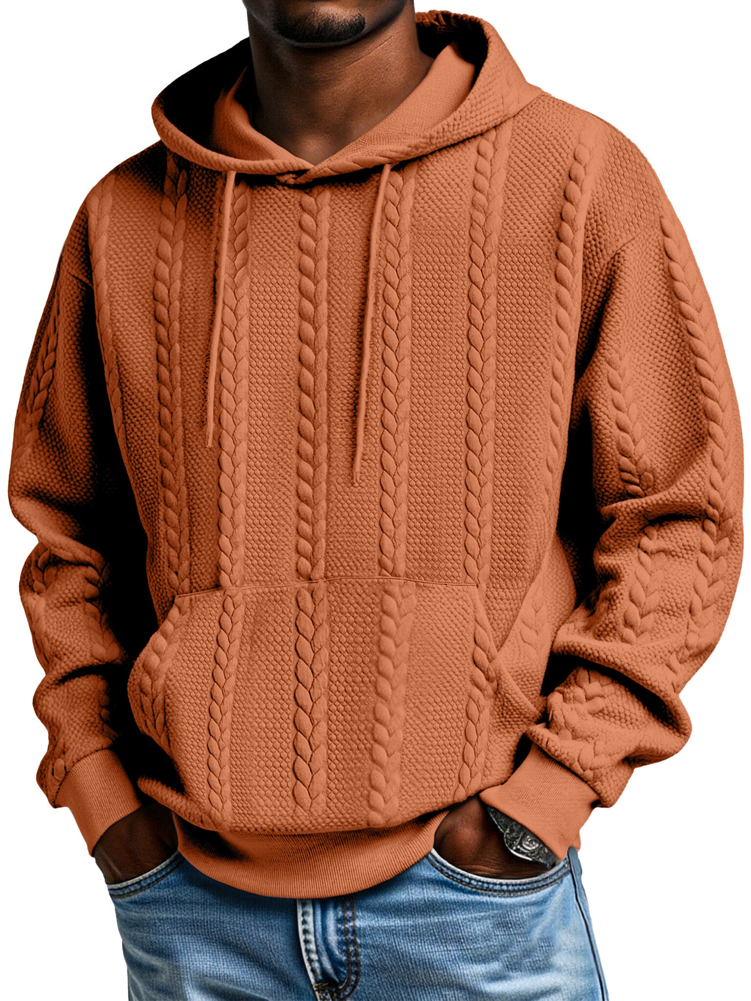 Men's Solid Color Jacquard Texture Kangaroo Pocket Long Sleeve Hooded Sweatshirt