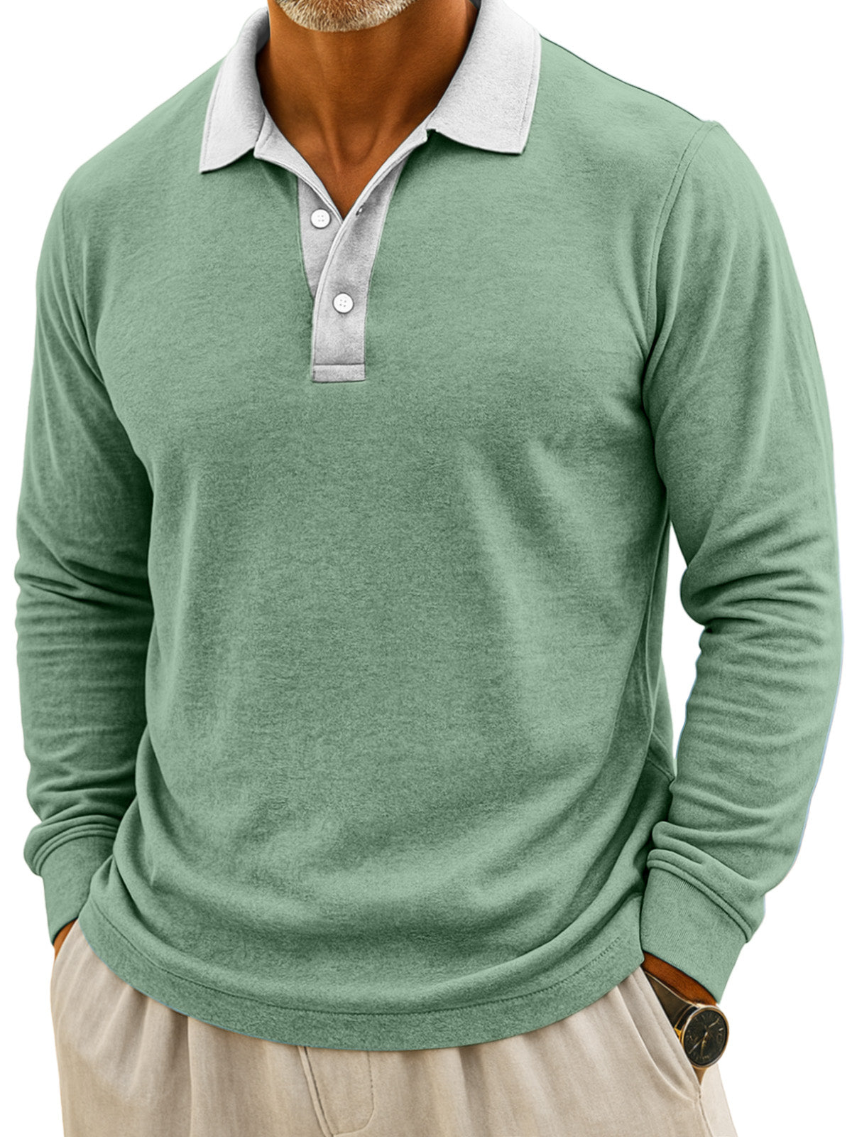 Men's Simple Casual Color Block Design Button Long Sleeve Polo Shirt