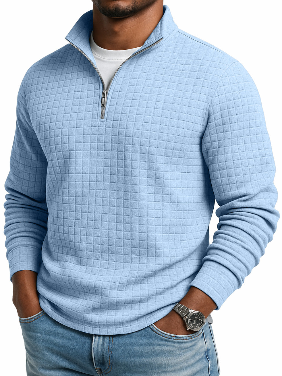 Men's Casual Solid Color Large Waffle Quarter Zip Stand Collar Sweatshirt