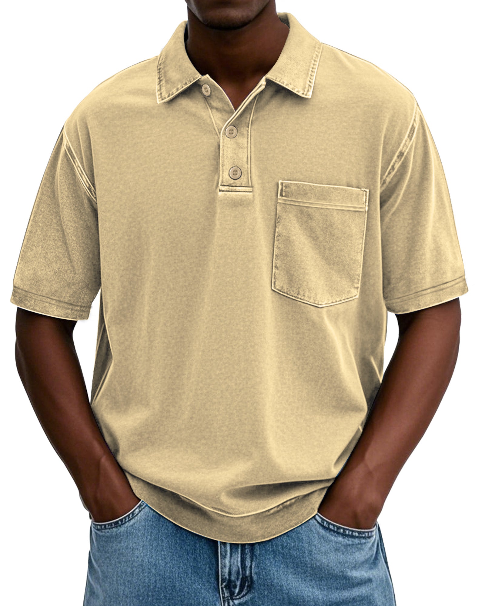 Men's Stylish Vintage Cotton Distressed Fabric Lapel Polo Shirt With Pockets And Lapel