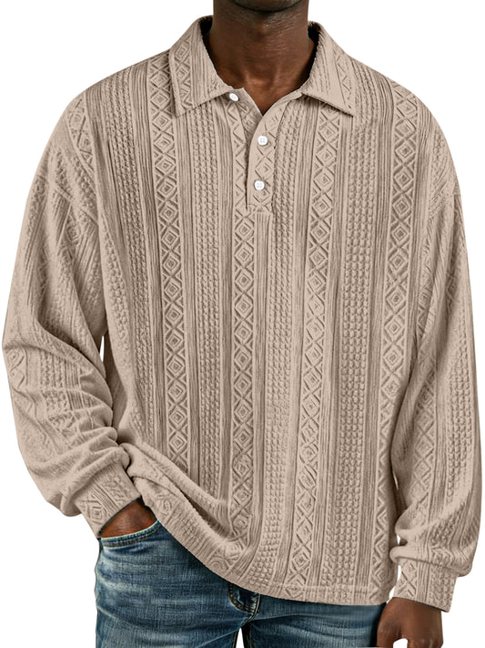 Men's Simple Retro Solid Color Textured Lapel Button Long-sleeved Polo Shirt