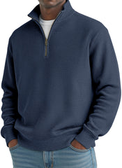Men's Simple Loose Waffle Quarter-Zip Long Sleeve POLO Shirt
