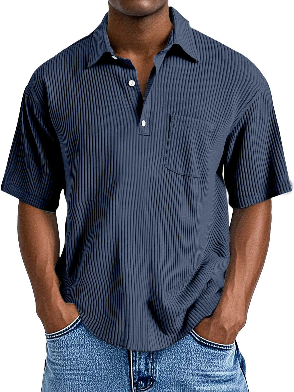 Men's Casual Solid Color Vertical Pit Short-sleeved Button Polo Shirt