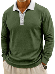 Men's Simple Casual Color Block Design Button Long Sleeve Polo Shirt