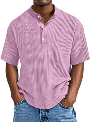 Men's Casual Solid Color Pleated Textured Short-sleeved Henley Shirt