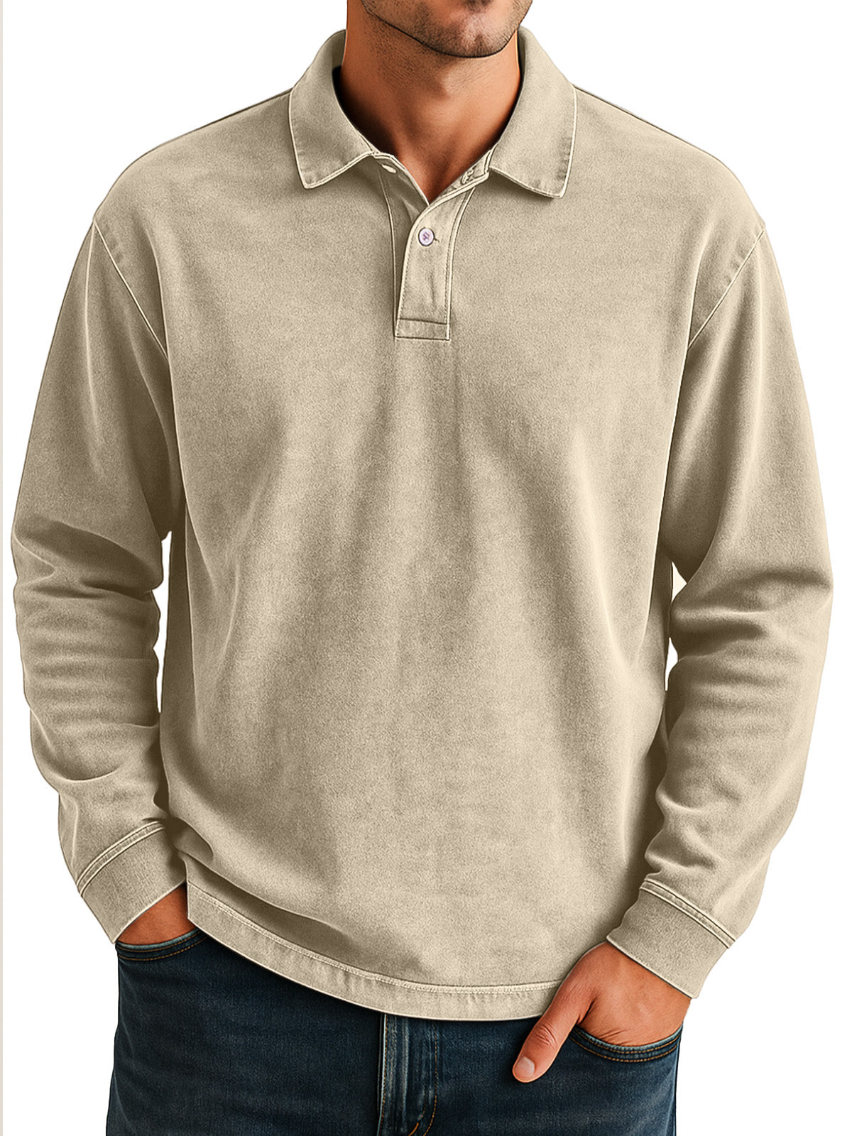 Men's Retro Daily Casual Solid Color Loose Long Sleeve Lar Polo Shirt