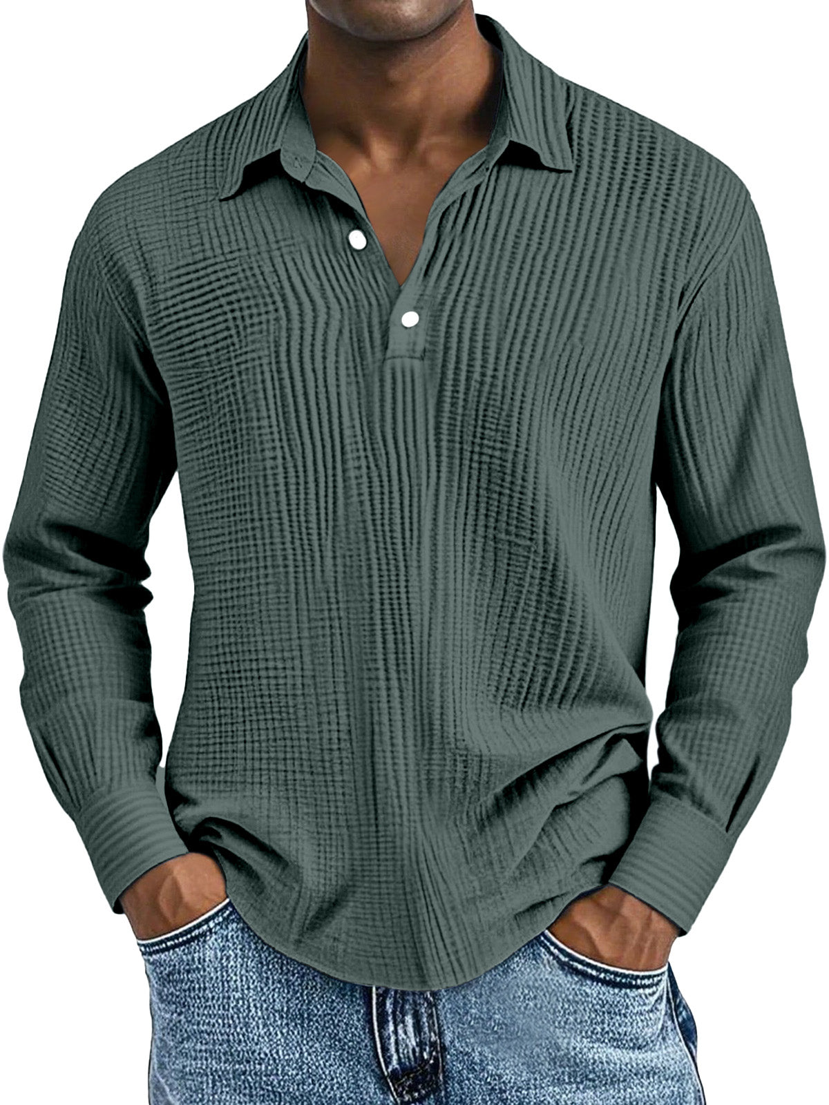 Men's Simple Solid Color Breathable Pleated Lapel Long-sleeved Polo Shirt