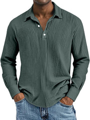Men's Simple Solid Color Breathable Pleated Lapel Long-sleeved Polo Shirt