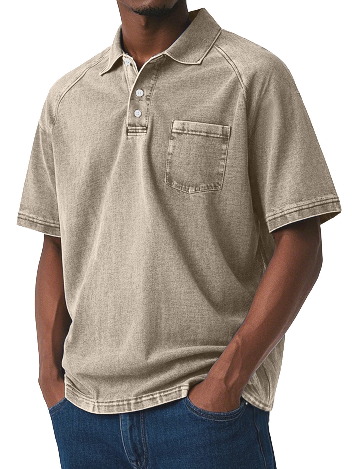 Men's Casual Retro Solid Color Comfortable Raglan Sleeve Lapel Polo Shirt