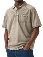 Men's Casual Retro Solid Color Comfortable Raglan Sleeve Lapel Polo Shirt