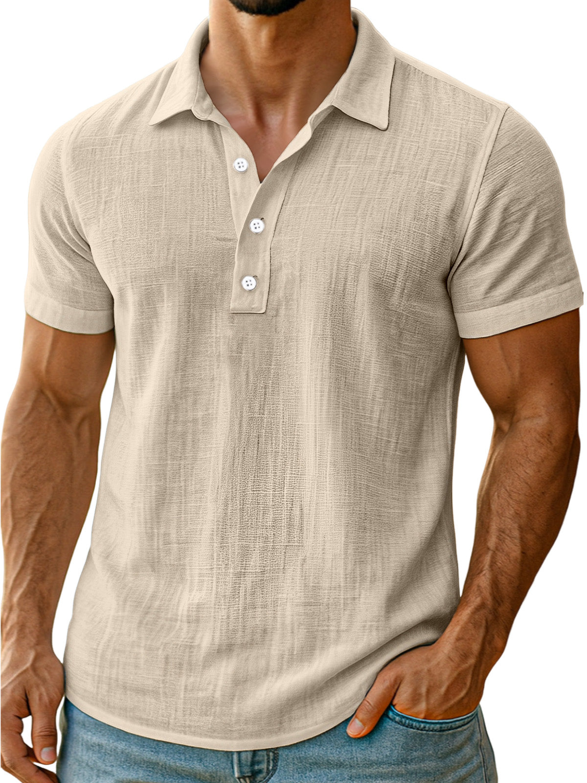 Men's daily simple and comfortable solid color linen short-sleeved POLO shirt
