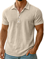 Men's daily simple and comfortable solid color linen short-sleeved POLO shirt