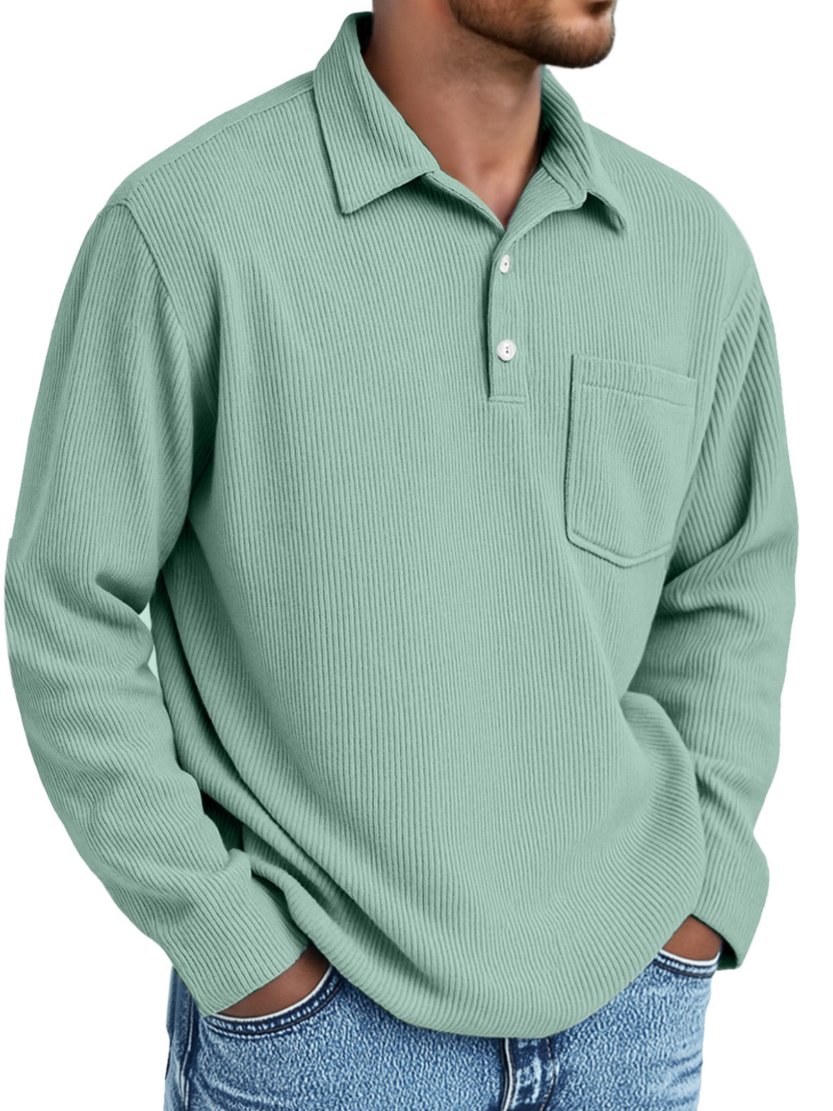 Men's Simple Daily Pitted Textured Lapel Long-sleeved Polo Shirt