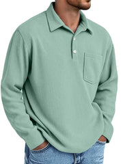 Men's Simple Daily Pitted Textured Lapel Long-sleeved Polo Shirt