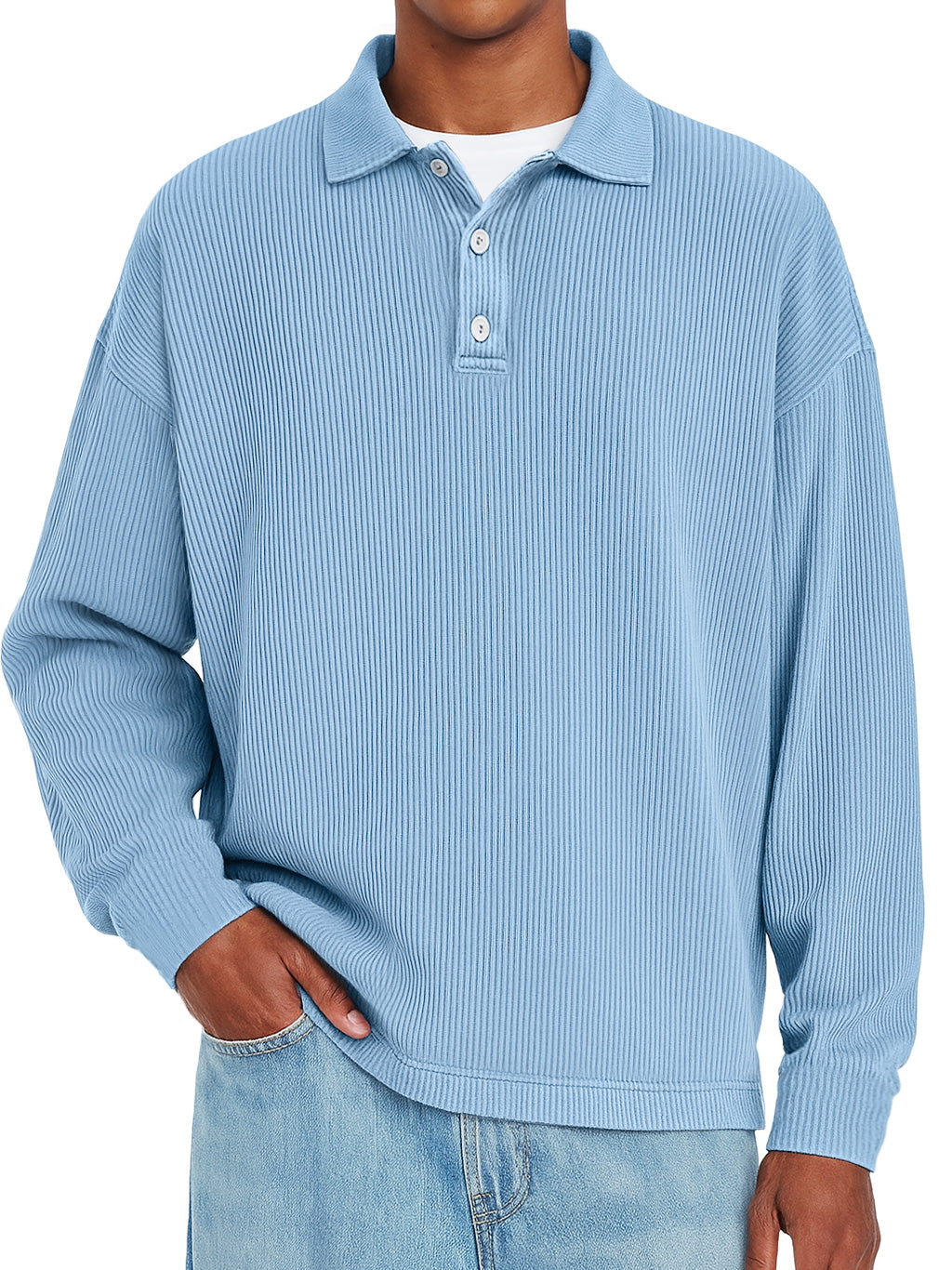 Men's Daily Ribbed Lapel Button-down Casual Solid Color Long-sleeved Polo Shirt