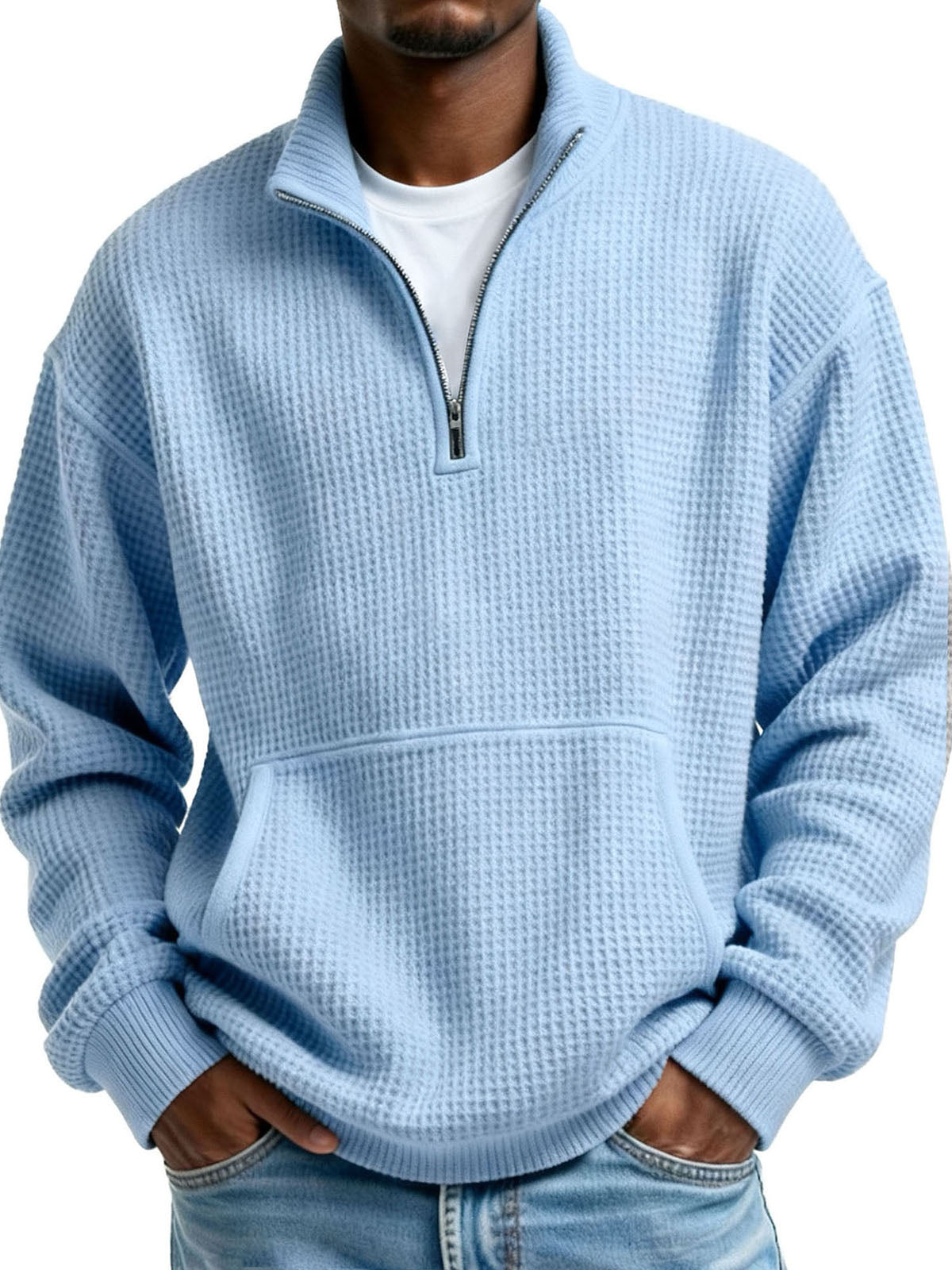 Men's Clothing Fashionable Casual Pit Strip Fabric Upright Collar Zipper Pockets Long-sleeved Hoodie