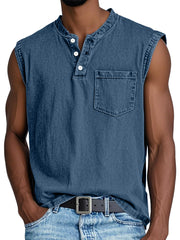 Men's Casual Retro Solid Color Simple Pocket Sleeveless Henley Shirt
