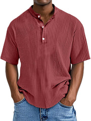 Men's Casual Solid Color Pleated Textured Short-sleeved Henley Shirt